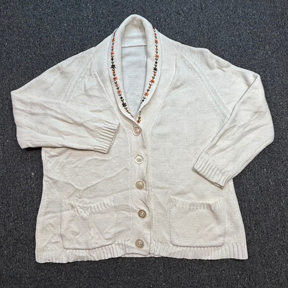 Sweaters - Cardigan Sz XL Women Cream Boho Embroidered Flower Shawl Collar Knit Sweater